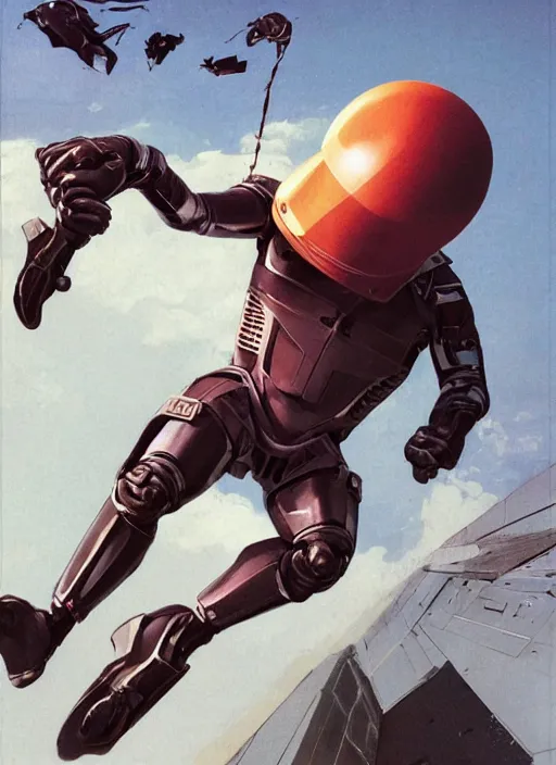 Image similar to flying human in suit with conic helmet and jetpacks attached to arms and legs, against dark background, fluid, smooth, organic, crazy, high contrast, sharpness, dramatic pose, by greg rutkowski and siudmak and richard corben and moebius