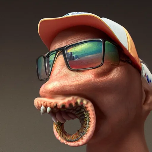 Image similar to hyperrealistic dslr film still of amorphous squid disguised as redneck wearing trucker hat, stunning 8 k octane comprehensive 3 d render, inspired by istvan sandorfi & greg rutkowski & unreal engine, perfect symmetry, dim volumetric cinematic lighting, extremely hyper - detailed, extremely lifelike attributes & lifelike texture, intricate, masterpiece, artstation, stunning