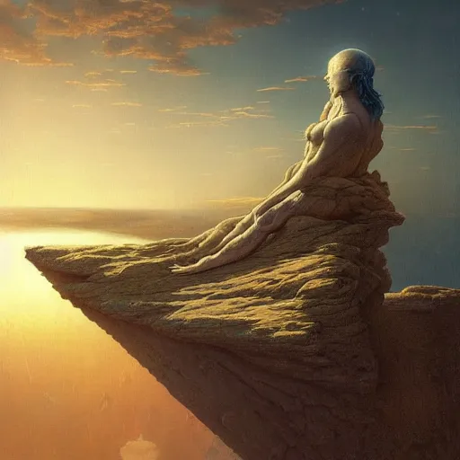 Prompt: David Friedrich, Esao Andrews, scifi landscape, hyperrealistic surrealism, award winning masterpiece with incredible details, epic stunning, infinity pool, a surreal vaporwave liminal space, highly detailed, trending on ArtStation, artgerm and greg rutkowski and alphonse mucha, daily deviation, IAMAG, broken giant marble head statue ruins, golden hour