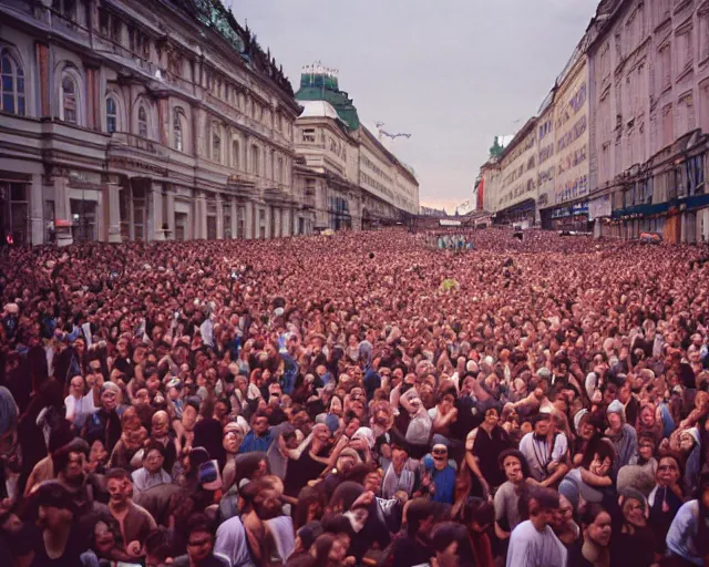 Image similar to crowd in vienna rage against mecha zack de la rocha with a broken leg, shot on kodak portra 4 0 0 3 5 mm film