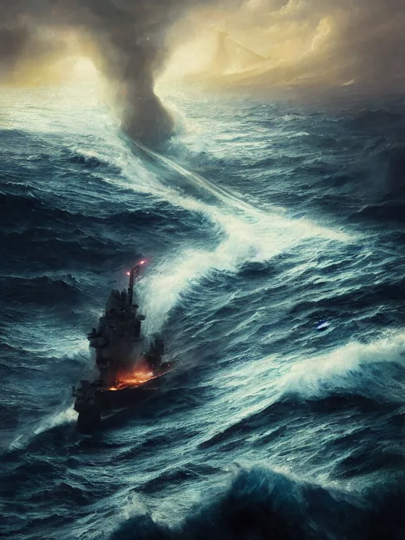 Image similar to photo of 8k ultra realistic burning battleship at sea, heavy storm, rain, large waves, full of colour, cinematic lighting, battered, trending on artstation, 4k, hyperrealistic, focused, extreme details,unreal engine 5, cinematic, masterpiece, art by Peter Mohrbacher