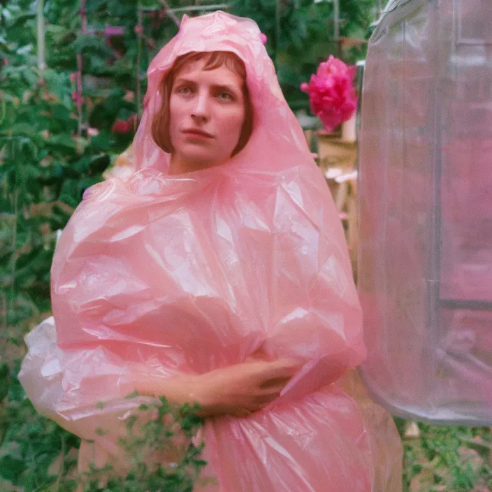 Image similar to closeup portrait of a woman wrapped in pink cellophane, standing in an overgrown greenhouse, color photograph, by edward hopper, canon eos c 3 0 0, ƒ 1. 8, 3 5 mm, 8 k, medium - format print