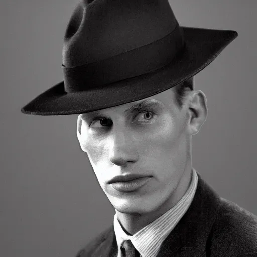 Image similar to A photograph portrait of Jerma985 wearing a suit with and fedora in the 1940s, taken in the early 1940s, grainy, taken on a 940s Kodak Camera, realistic, hyperrealistic, very realistic, highly detailed, very detailed, extremely detailed, detailed, digital art, trending on artstation