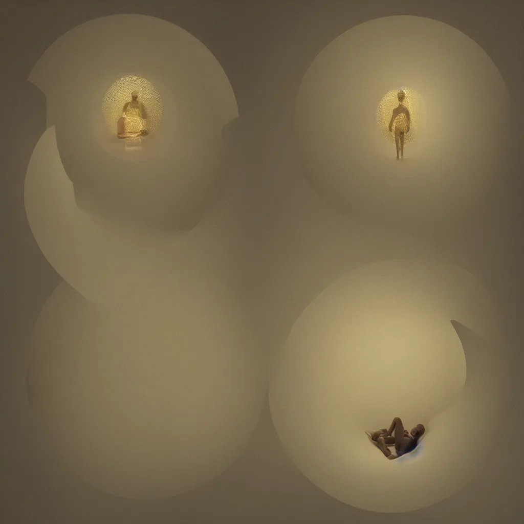 Image similar to “the last human being uploaded to the cloud sitting in a spherical white chamber with the surfaces glowing in gold with consciousness, highly detailed in 4K”