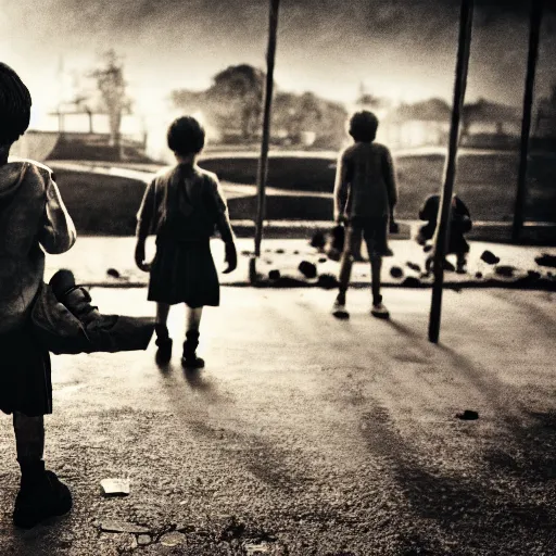 Image similar to A photograph of the end of the world with children playing in a playground, melancholic, cinematic, moody lighting