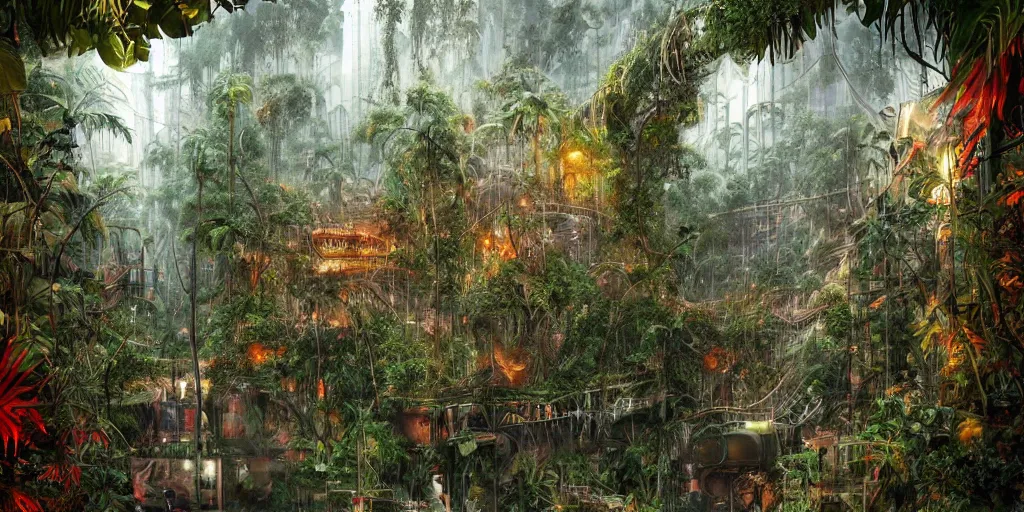 Image similar to a jungle path made of skulls covering a red line subway station in Hollywood/Vine, a dystopian city taken back by nature, lush, dense jungle, award winning, cinematic light, by Oliver beck and Marc simonetti