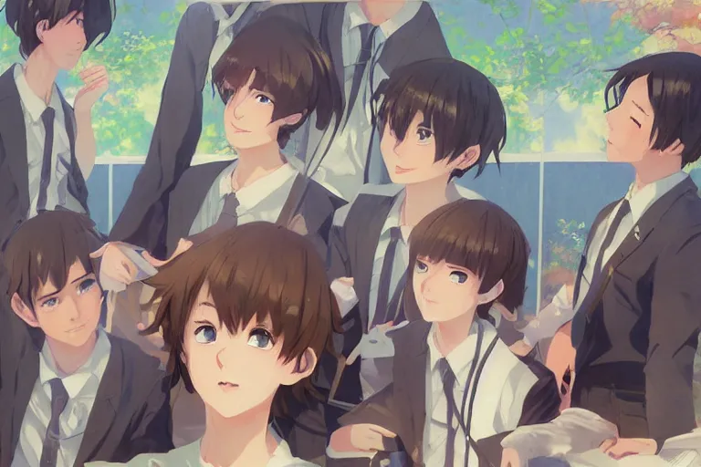 prompthunt: boy's love anime high school classroom scene spring setting,  expert high detail concept art, perfect proportions fine - face, tall  handsome, bold colors, smooth sharp focus, realistic shaded lighting poster  ilya