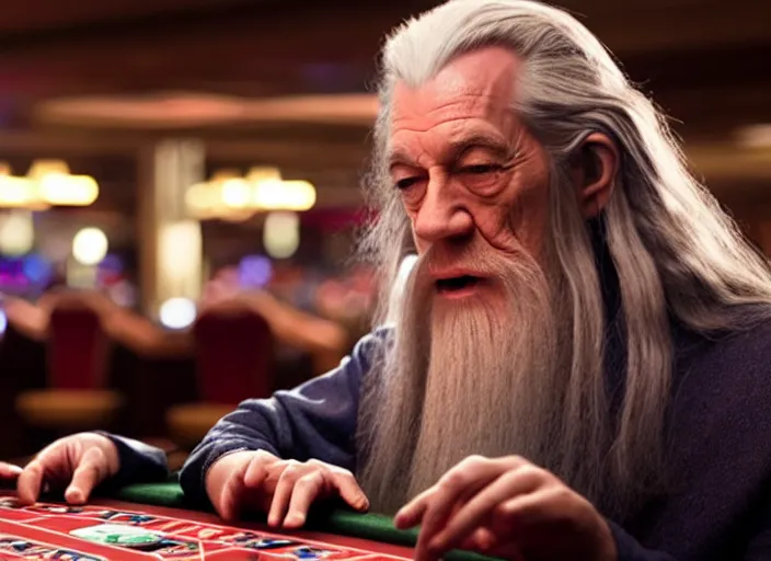 Prompt: film still of gandalf gambling in a casino in new hangover movie, 8 k