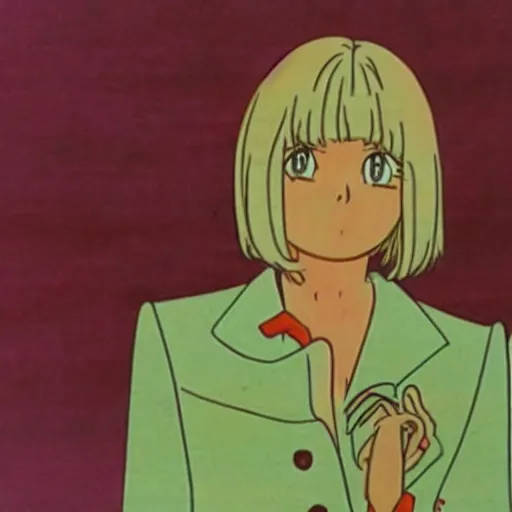 Prompt: still of France Gall in a 1960s anime, cel animation, in the style of Takahashi Macoto, very detailed