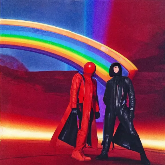 Image similar to two time pilots wearing red rick owens pilot suits inside the glowing geometric rainbow portal to the sixth dimension by frank frazetta