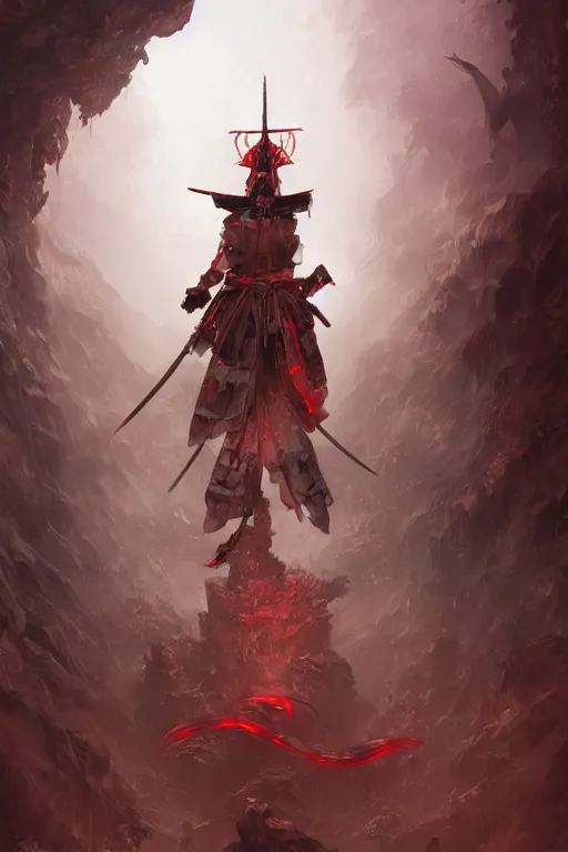 Image similar to a powerful samurai cloaked in white, carrying swords on his back, standing under a beam of light, a dark cave, ruby red sorrow, intricate, elegant, highly detailed, ornate, beautifully lit, ray traced, octane render by Peter Mohrbacher and Peter Gric