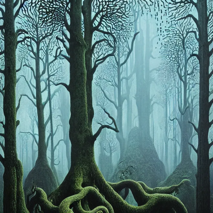 Image similar to charles burchfield art painting, beautiful arboreal forest by Adriaan Herman Gouwe, oregon washington rain forest by beeple, a beautiful and insanely detailed matte painting of alien dream worlds with surreal architecture designed by Heironymous Bosch, mega structures inspired by Heironymous Bosch's Garden of Earthly Delights, vast surreal landscape and horizon by Jim Burns, rich pastel color palette