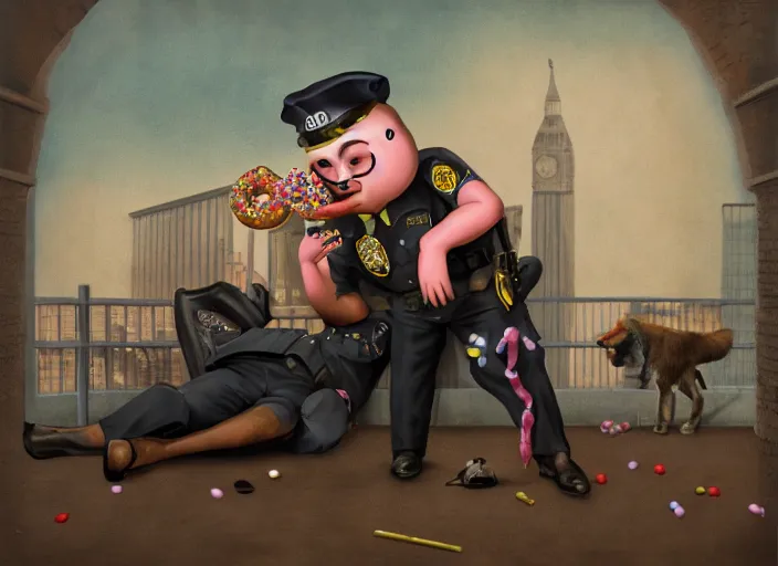 Image similar to a donut eating a police officer, lowbrow, matte painting, 3 - d highly detailed, in the style of mark ryden,