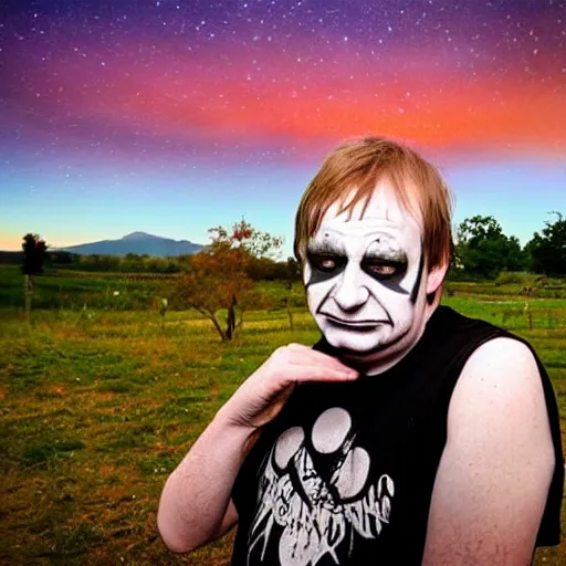 Image similar to mark e smith in juggalo makeup, gorgeous landscape background with the milky way in the sky