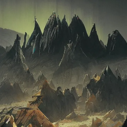 Image similar to view from a wasteland plain of a jagged mountain with a black arcology driven like a spear into the glacier, rust-colored waterfalls pouring from its upper balconies, blue radiation glow beneath, science fiction concept art by Greg Rutkowski and Moebius and Beksinski and Le Corbusier