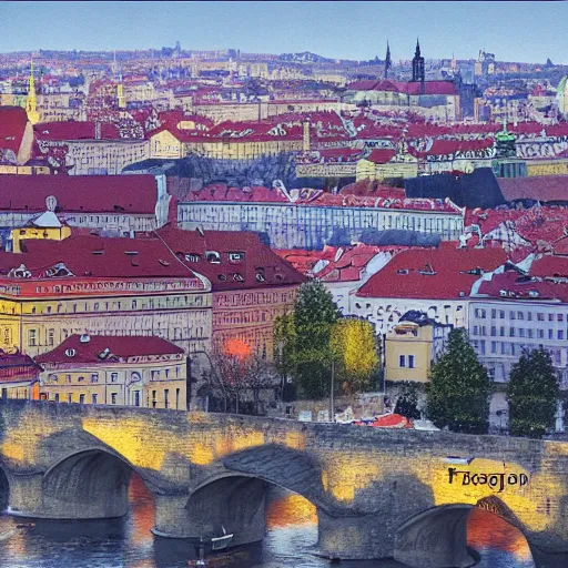 Prompt: Colored Pencil drawing, Prague skyline, octane render, highly detailed