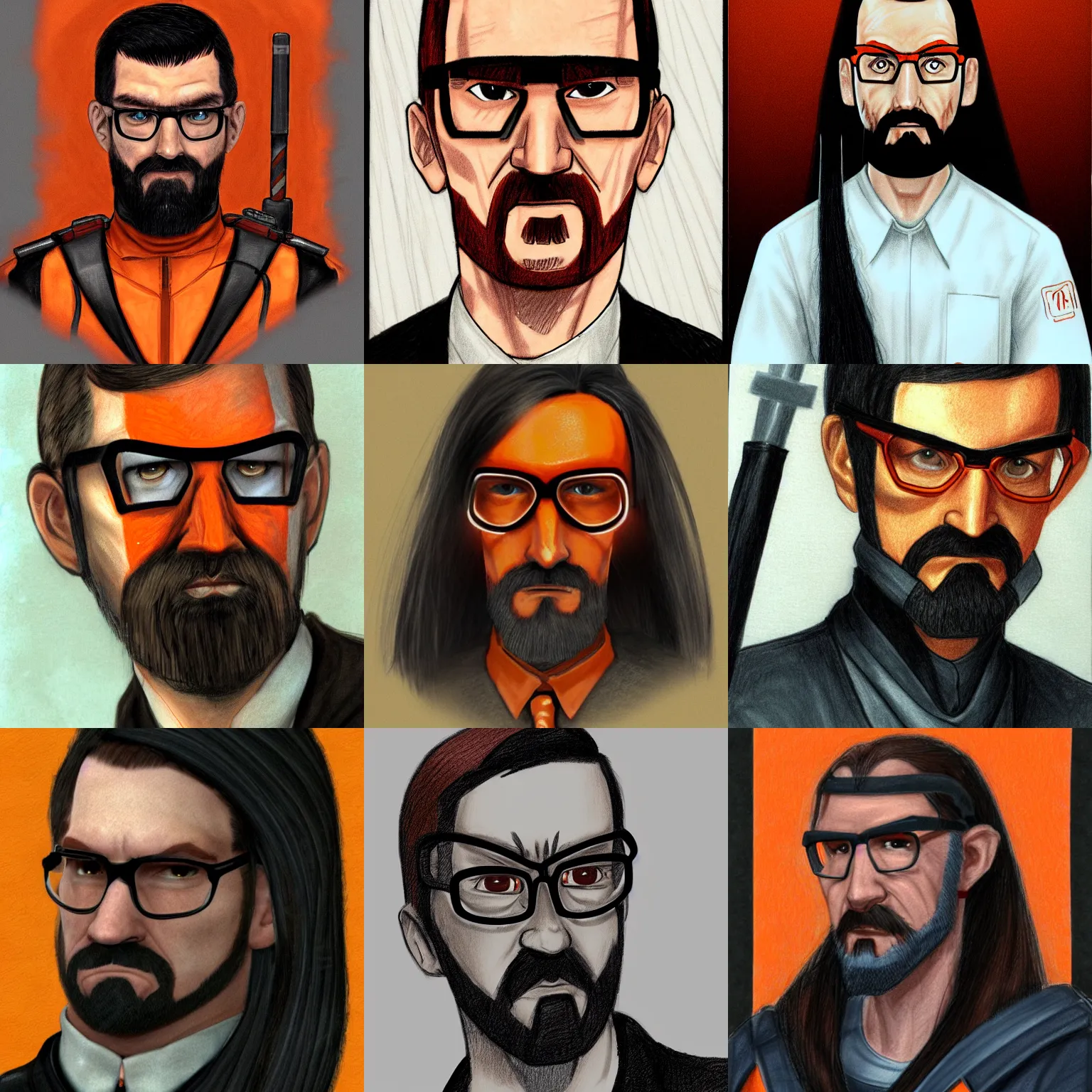 Prompt: gordon freeman in his orange h. e. v suit, with long black hair, with bangs on his left side, with 2 hair clips on his right side, portrait drawing
