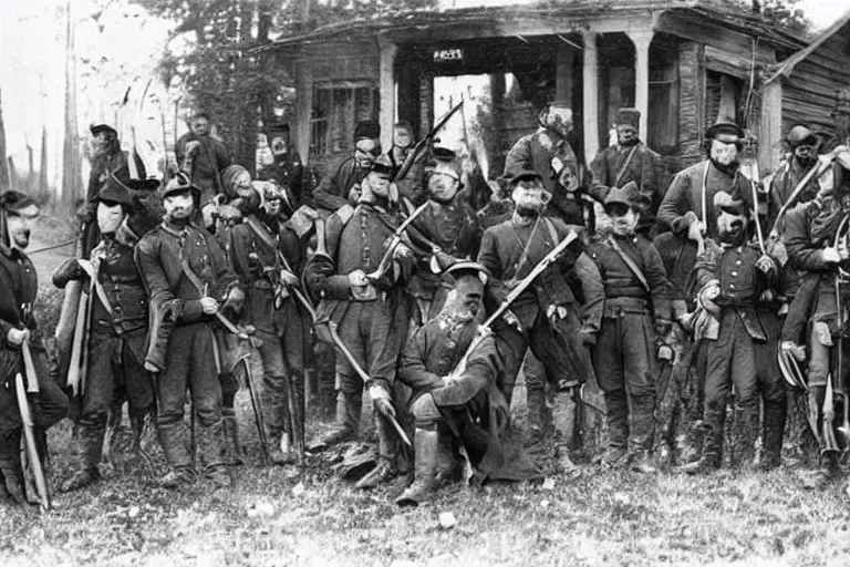Prompt: a civil war era photo of soldiers and werewolves