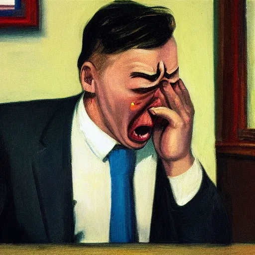 Prompt: a crying man who is screaming, his head is a skull, he wears a suit, in the style of Edward Hopper, 4k,