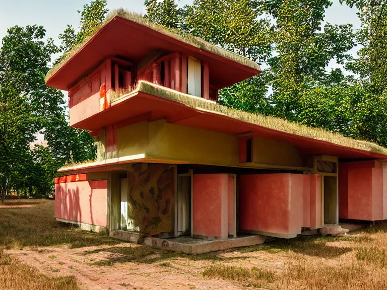 Image similar to hyperrealism colour design by frank lloyd wright and kenzo tange photography from 5 point of perspective of beautiful detailed small solarpunk house with many details in small detailed ukrainian village designed by taras shevchenko and wes anderson and caravaggio, wheat field behind the house, around the forest volumetric natural light