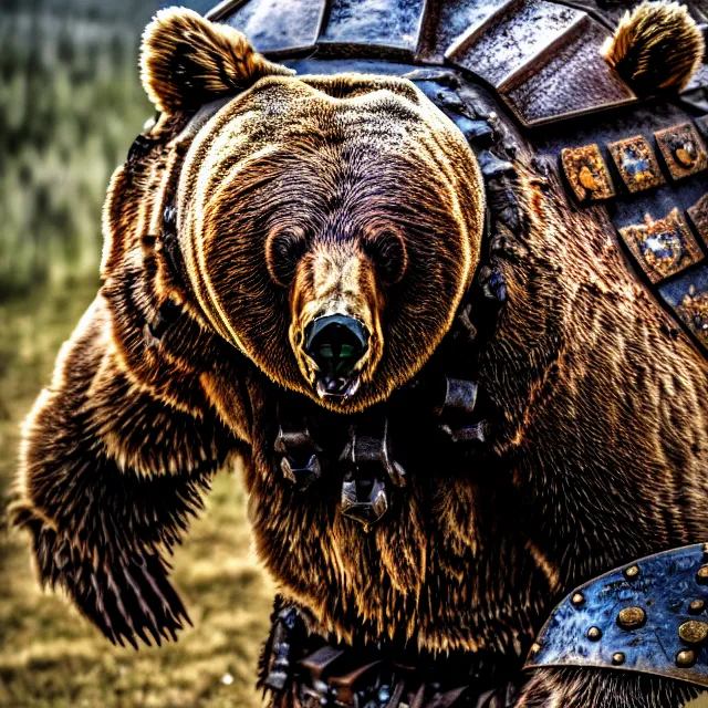 Image similar to photo of a armoured bear warrior, highly detailed, 8 k, hdr, close up, smooth, sharp focus, high resolution, award - winning photo