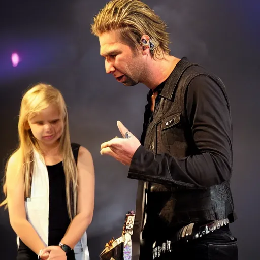 Image similar to chad robert kroeger of nickelback looking at a mystery object on someone's head