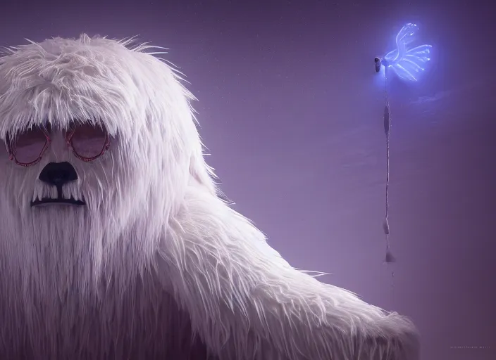 Image similar to bioluminescent furry yeti on a angelic biome, fantasy, hyper realism, wet reflections, intricate, digital art, detailed, studio shot, unreal engine 5, octane, high definition, smooth, artstation, behance