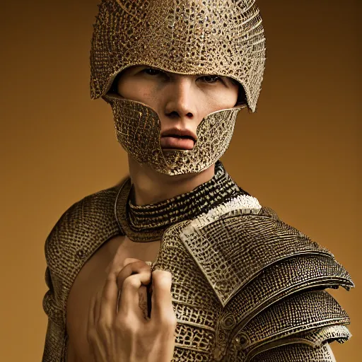 Image similar to a portrait of a beautiful young male wearing an alexander mcqueen armor made of sand , photographed by andrew thomas huang, artistic