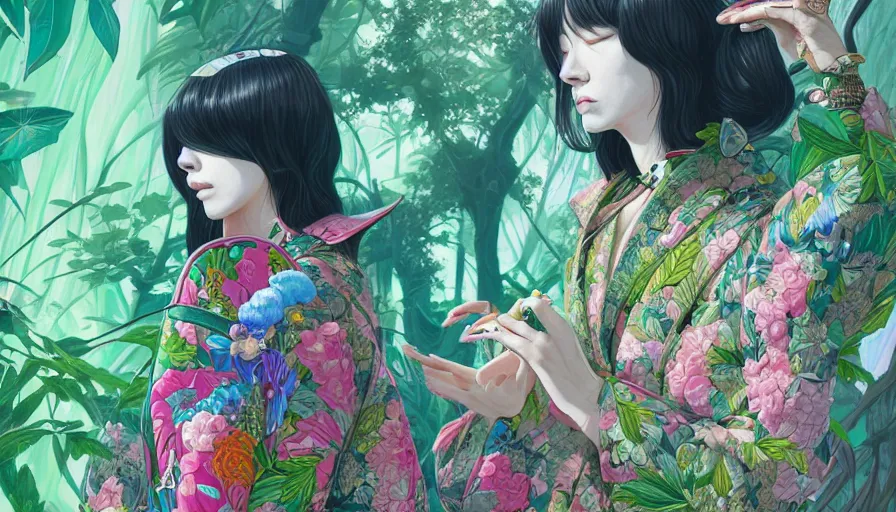 Prompt: a digital painting of a woman wearing gucci exploring a magical japanese temple, lush plants and flowers, eco - cyberpunk art by james jean, cgsociety, retrofuturism, anime aesthetic, chromatic, iridescent, uhd