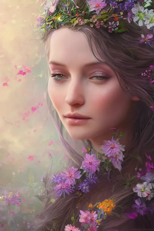 Image similar to a portrait of a beautiful elvish goddess with flowers in her hairs , hd, 4k, 8k, highly detailed, sharp, ethereal, astral environment in style of Anna Dittmann