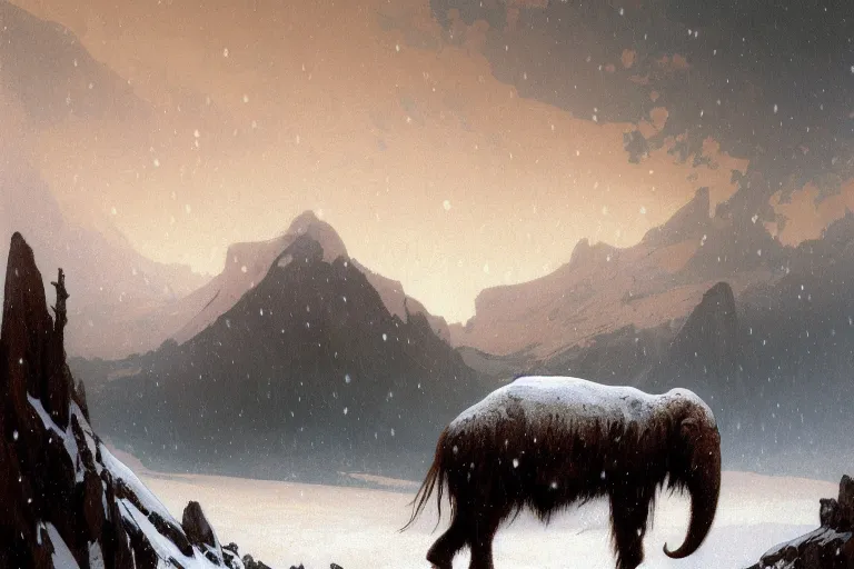 Image similar to a mammoth walking in a terrible snowstorm, luminous sky, by greg rutkowski and alphonse mucha, gradient brown to white, rocky mountains background, highly detailed landscape, digital painting, artstation, concept art, smooth, sharp focus illustration