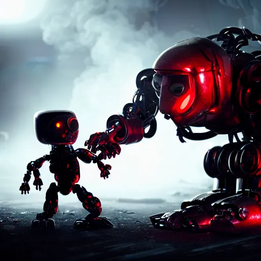 Image similar to post - apocalyptic, a very strong terminator robot with red enerygies, is shaking hands with a small alien creature that has multiple eyes. smoke. volumetric lighting, sharp focus, ultra detailed, cgsociety