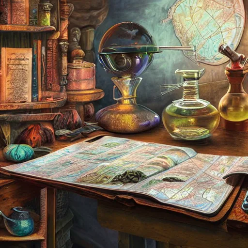 Image similar to hyper real, table, map, wizards laboratory, lisa parker, tony sart, mortar, pestle, scales, energy flowing, magic book, beakers of colored liquid