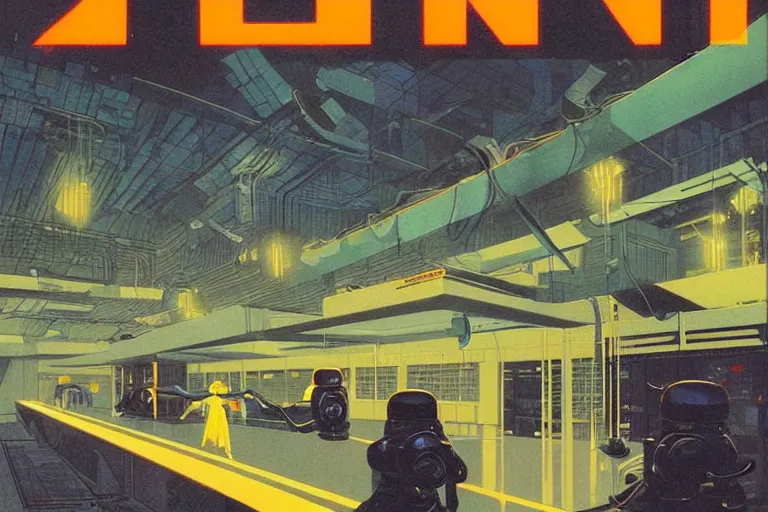 Image similar to a 1979 cover of OMNI magazine depicting an empty warehouse with VR headsets hanging ominously from the ceiling. Neo-Tokyo. Cyberpunk style art by Vincent Di Fate.