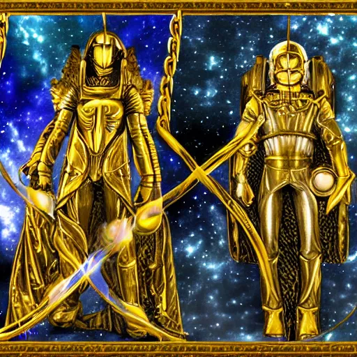 Prompt: the relentless battle between the guardians of space of time both of which are clothed with golden chains and galactic fog and a background overseeing the universe