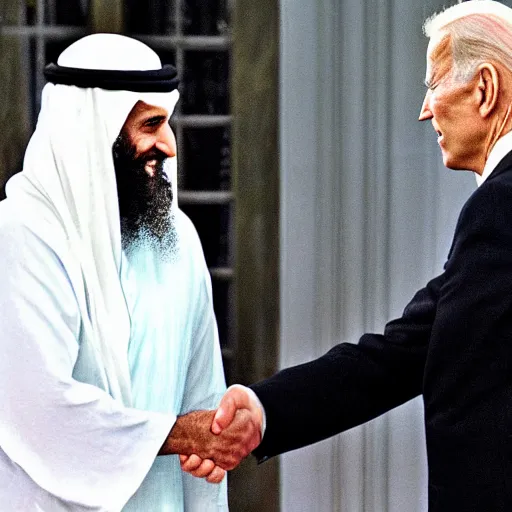 Prompt: joe biden shaking hands with osama bin laden