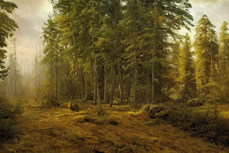 Image similar to A beautiful painting of russian village in dark forest by ivan shishkin and arkhip kuindji, trending on artstation,matte painting