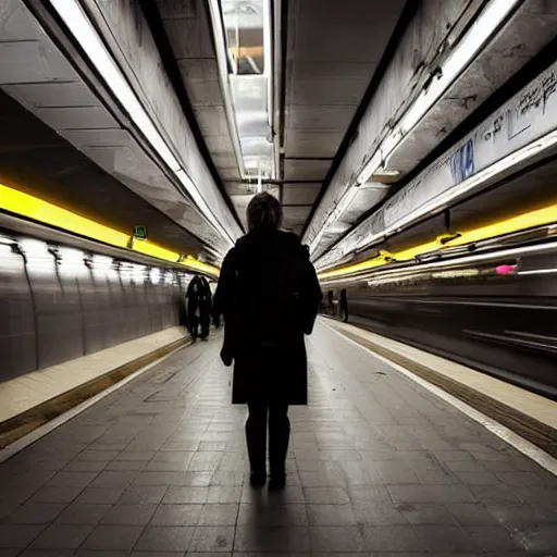 Image similar to a cyberpunk walking on a modern subway platform with a heavenly glow and chandeliers