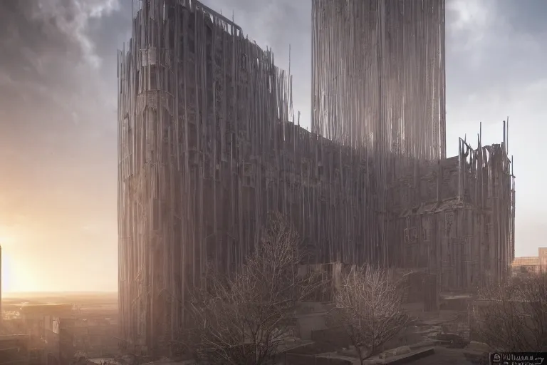 Image similar to streetscape, a towering cathedral of brutalist architecture, buildings covered with greebles, stunning volumetric light, sunset, metal, concrete and translucent material, stunning skies, majestic landscape, trending on Artstation, 8k, photorealistic, hyper detailed, unreal engine 5, IMAX quality, cinematic, epic lighting, in the style of Greg Rutkowski