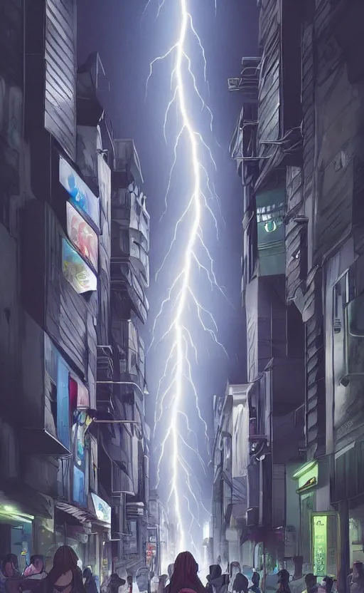 Prompt: large tokyo street, a person looks at the flashes of lightning bolts in sky, dark sky by artgerm, illustration, trending on artstation, deviantart,