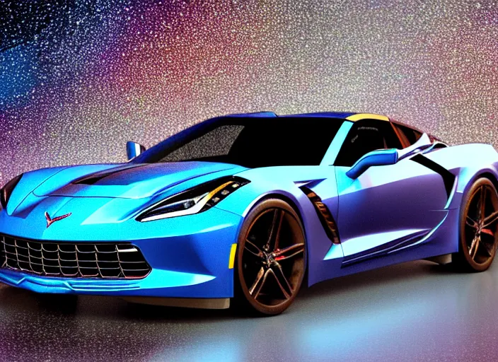 Image similar to hyperrealism, detailed textures, photorealistic 3 d render, a photorealistic futuristic 2 0 3 9 corvette stingray concept car with a sky full of stars colour scheme, sharp focus, ultra realistic, ultra high pixel detail, cinematic, intricate, cinematic light, concept art, illustration, art station, unreal engine 8 k