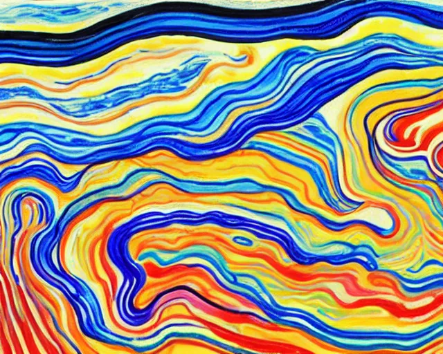 Image similar to Ocean waves in a psychedelic dream world. DMT. Curving rivers. Landscape painting by Edvard Munch. David Hockney. Takashi Murakami. Minimalist.