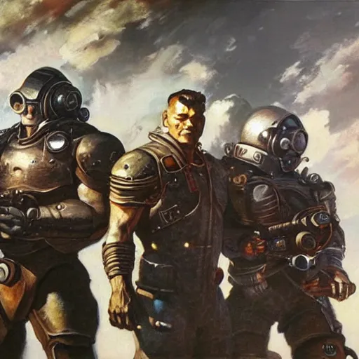 Image similar to ultra realistic portrait painting of the brotherhood of steel, art by frank frazetta, 4 k, ultra realistic, highly detailed, epic lighting