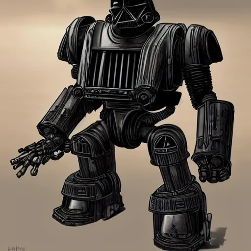 Prompt: massive huge power armor with servos from fallout in the style of Darth Vader from star wars, realism, depth of field, focus on darth vader,