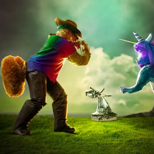 Prompt: leprechaun fighting a robotic unicorn, detailed, photorealistic, 8 k, wide shot,