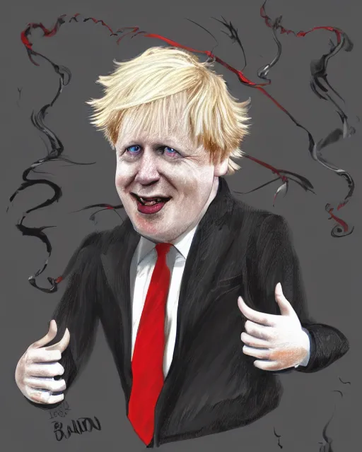 Image similar to dark fantasy character concept painting of uk politician former prime minister boris johnson wearing a suit of red dancing smiling in the fiery pits of hell, smiling and having fun with demons, satanic imagery, pagan, satanic symbolism, illustration, trending on artstation,