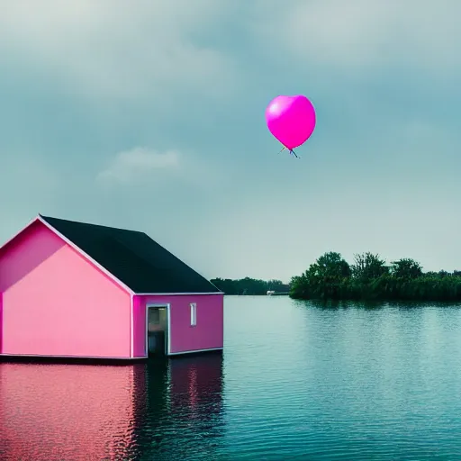 Image similar to a 5 0 mm lens photograph of a cute pink floating modern house, floating in the air between clouds, inspired by the movie up, held up from above by heart ballons. mist, playful composition canon, nikon, award winning, photo of the year