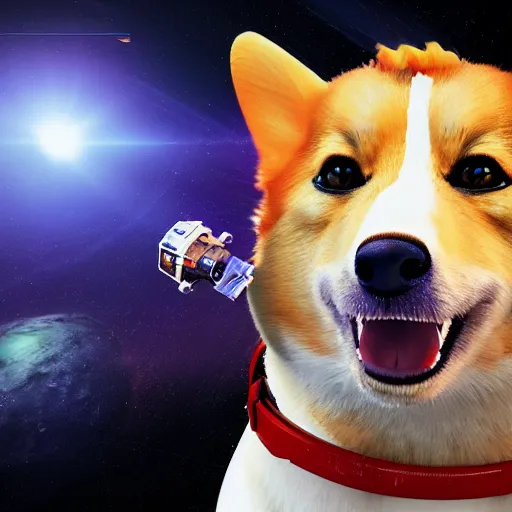 Image similar to a hyperrealistic digital render of a happy cyberpunk corgi in a soviet spacesuit, floating in space, symmetry, sharp focus