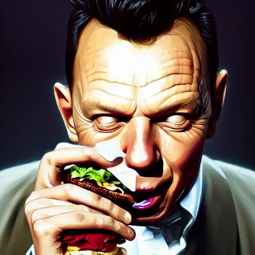 Image similar to portrait of a Frank Sinatra eating a hamburger, extra onions and ketchup, luscious patty with sesame seeds, masculine, handsome, D&D, fantasy, intricate, elegant, highly detailed, digital painting, artstation, concept art, matte, sharp focus, illustration, art by Artgerm and Greg Rutkowski and Alphonse Mucha