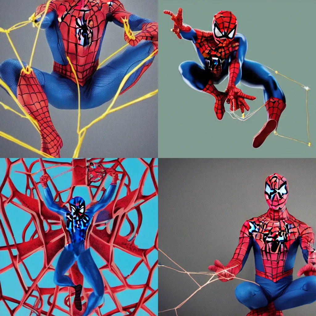 Prompt: Spiderman playing cats cradle with his web